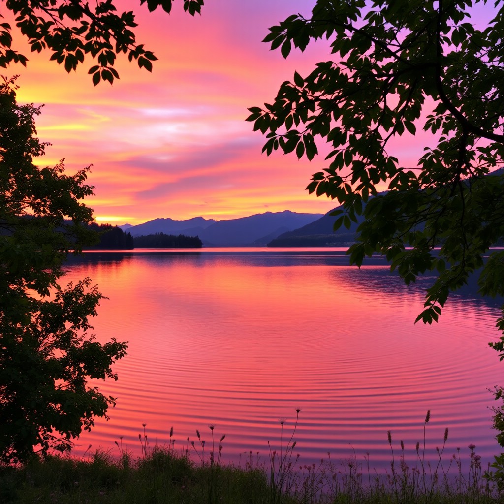 A serene landscape featuring a beautiful sunset over a calm lake