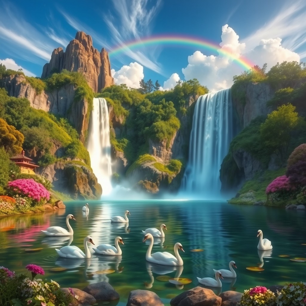 A captivating fantasy landscape featuring a majestic waterfall cascading down rocky cliffs, surrounded by lush green forests and vibrant flowering plants