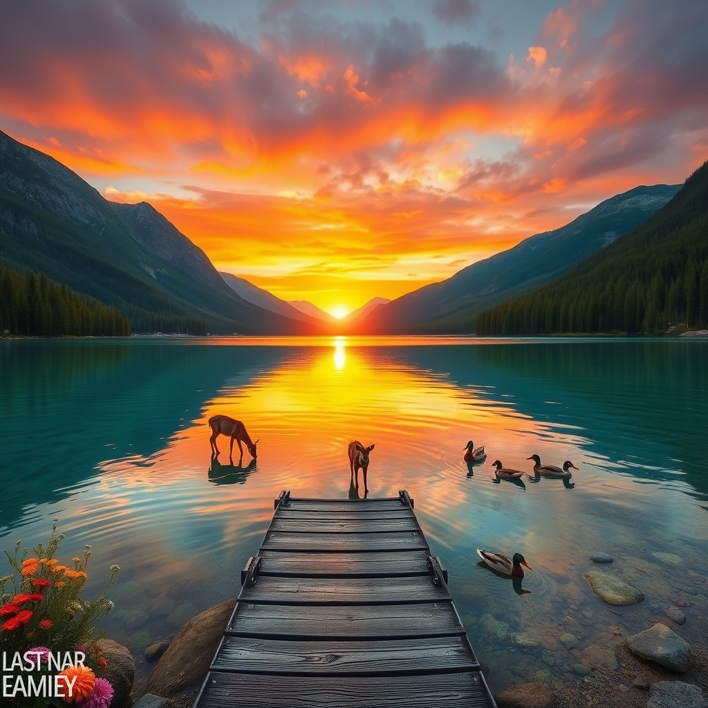 A serene landscape featuring a tranquil lake with crystal clear waters reflecting the vivid colors of a sunset, surrounded by lush green mountains and evergreen trees