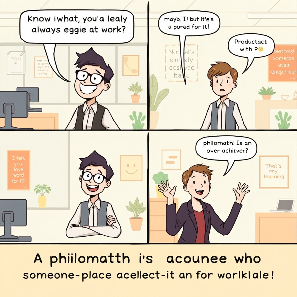 A four-panel comic strip illustrating a playful conversation between two colleagues in a modern office setting