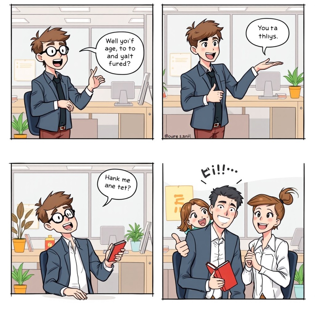 A four-panel comic strip without any text, featuring two colleagues in a modern office setting engaging in expressive body language and facial expressions