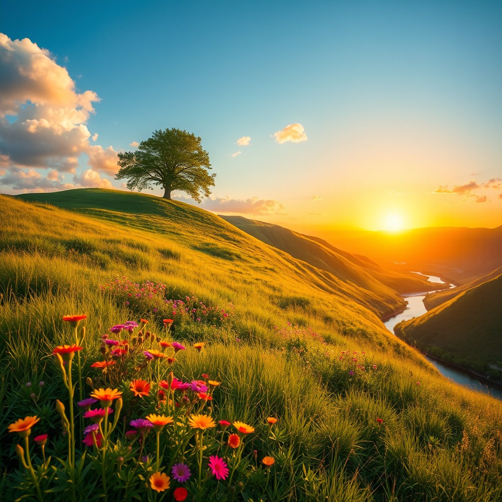 A vibrant, artistic photo featuring an open landscape with lush greenery, rolling hills, and vibrant wildflowers