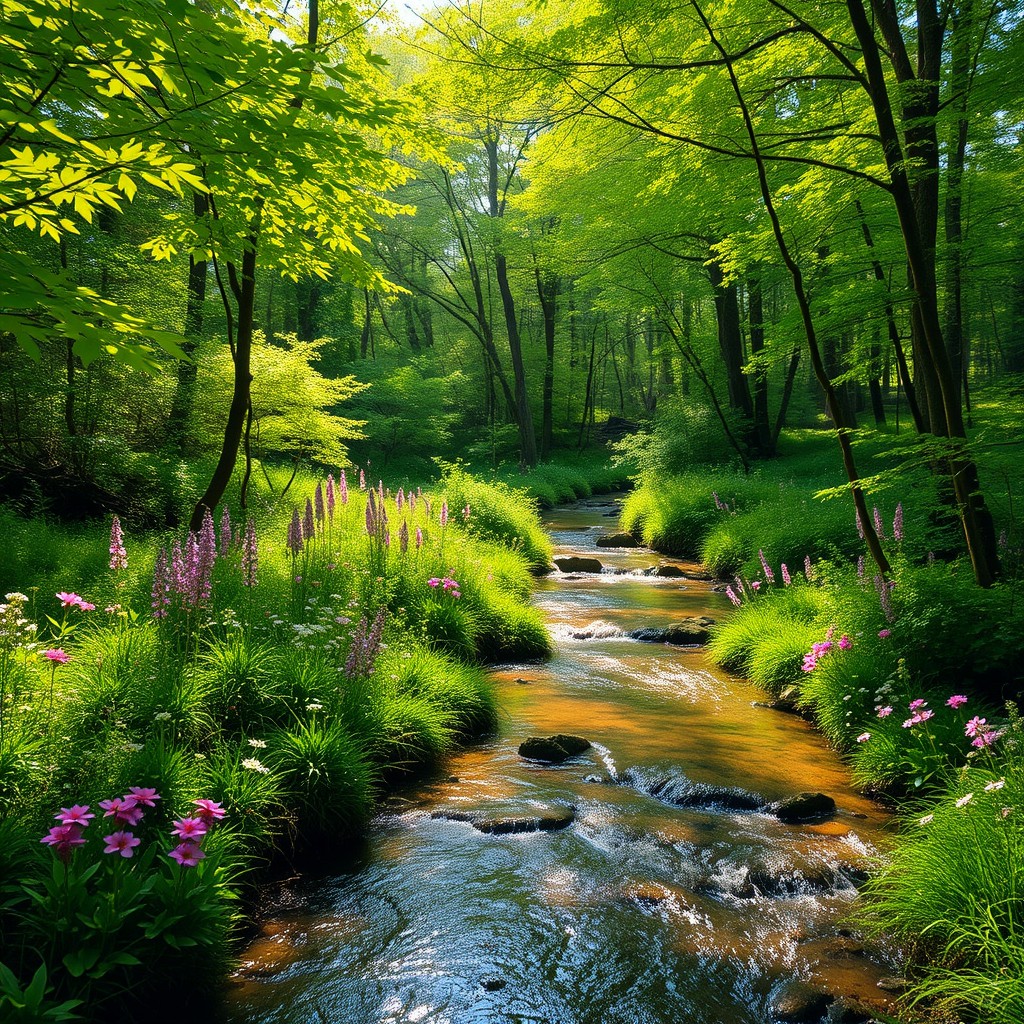 A stunning outdoor landscape in a vibrant, enchanted forest, with sunlight filtering through the lush canopy of green leaves