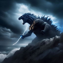 An ultra-realistic scene of a 19-year-old boy, in battle armor, battling Godzilla on a mountain by the sea, during a storm. He wields a thunder-infused sword with blue clouds, rainfall, and lightning illuminating the sky, radiating a startling blue effect.