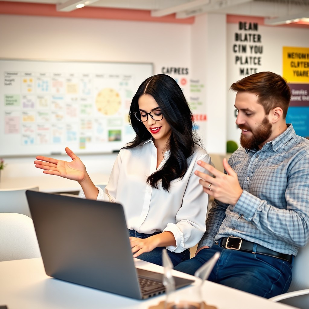 A vibrant office scene featuring two employees, a woman with long black hair wearing a stylish blouse, and a man with a short beard in a casual shirt, engaged in a collaborative discussion over a laptop