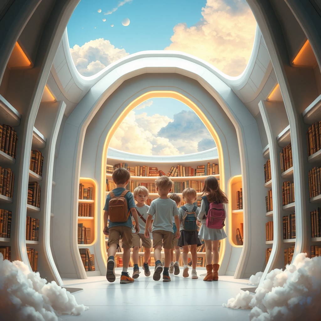 Eight children entering a futuristic library designed with white and golden lines, featuring a mix of old books