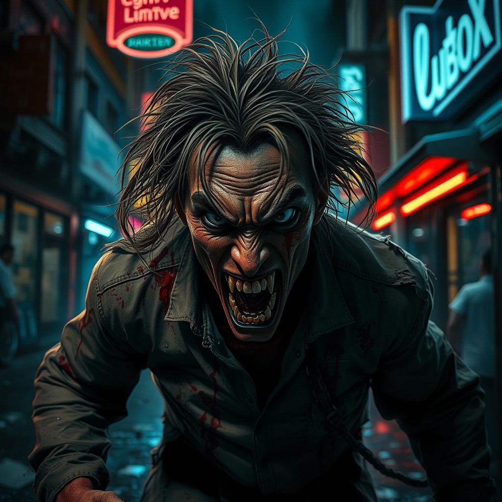 A chaotic scene depicting a wild, psychopathic figure with an intense expression of anger, set in a dark urban environment