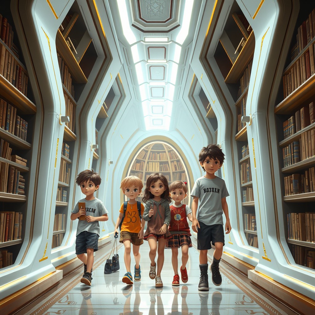 Eight children entering a futuristic library with a design featuring predominantly white walls adorned with golden lines