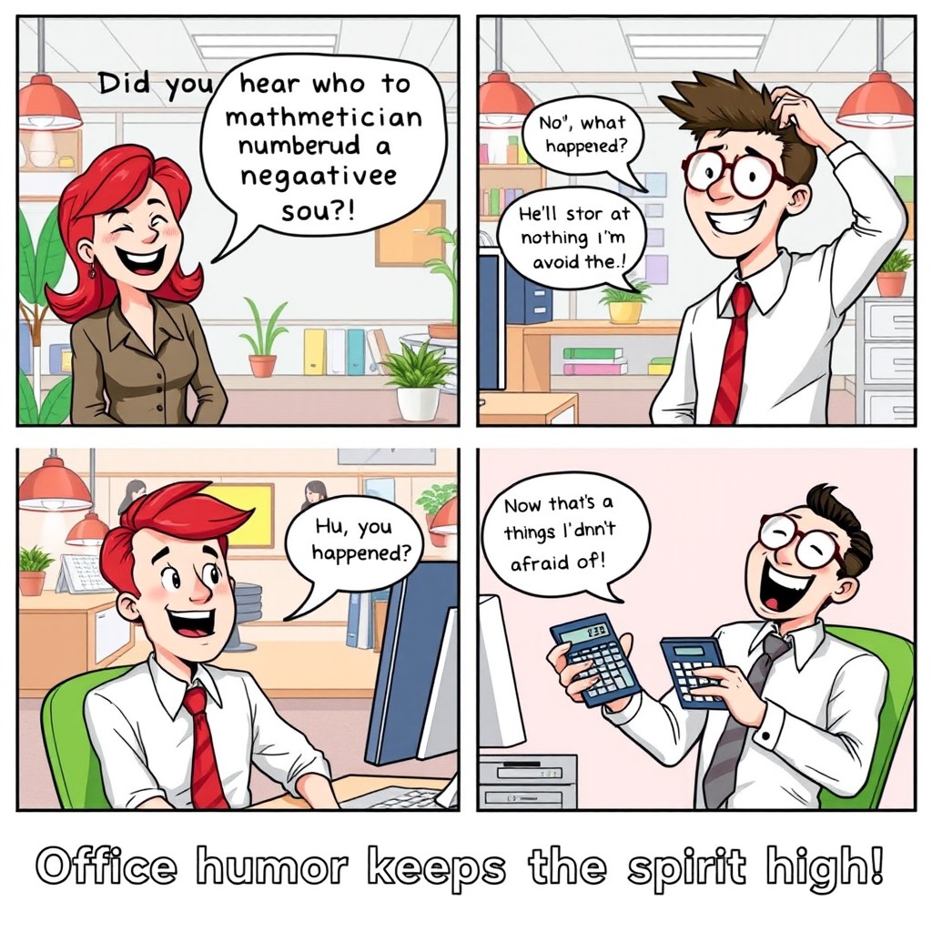 A four-panel comic strip depicting a humorous interaction between two colleagues in a modern office environment