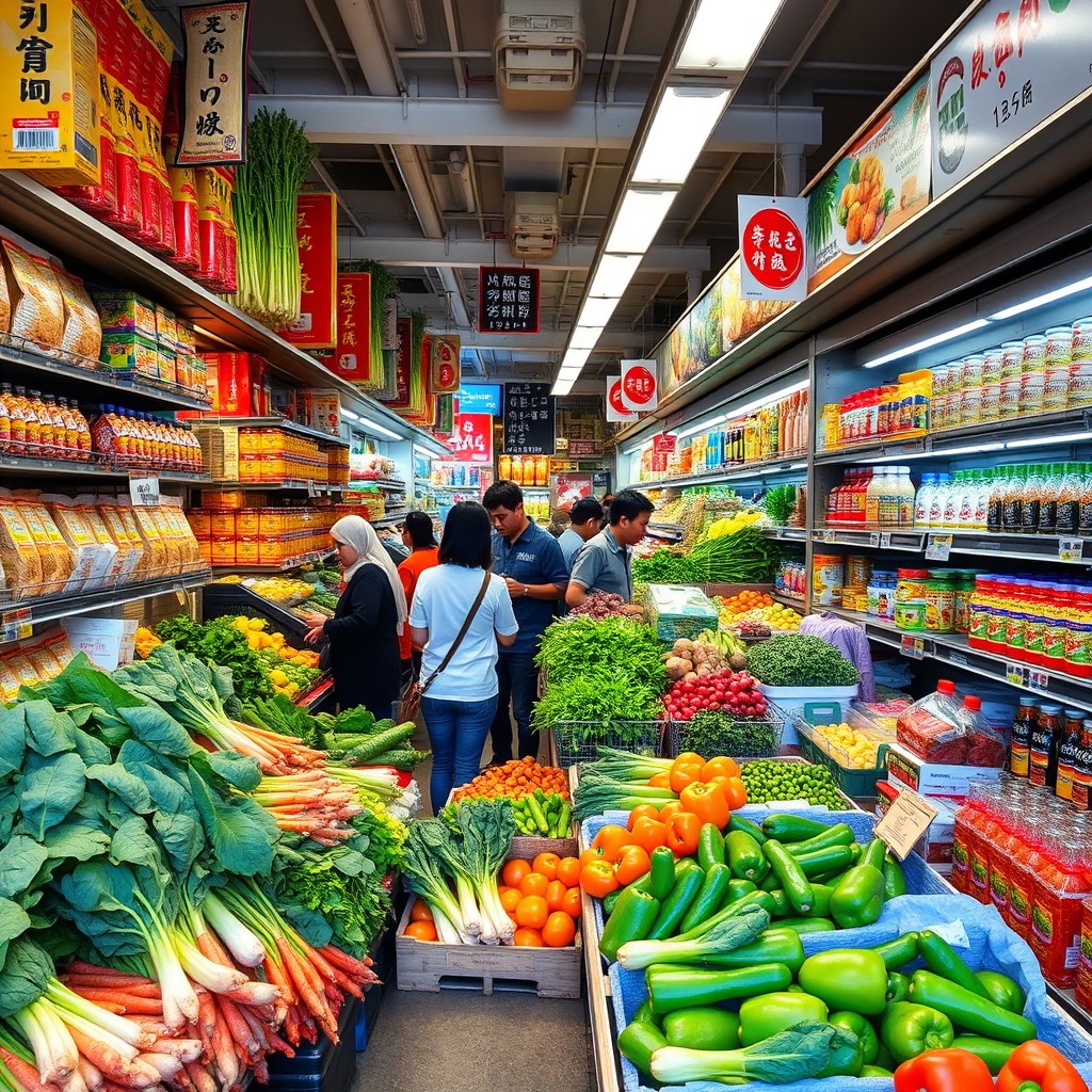 A vibrant and colorful Asian grocery store filled with fresh vegetables like bok choy, carrots, and bell peppers, alongside shelves stocked with a variety of Asian products such as rice noodles, soy sauce, and exotic spices