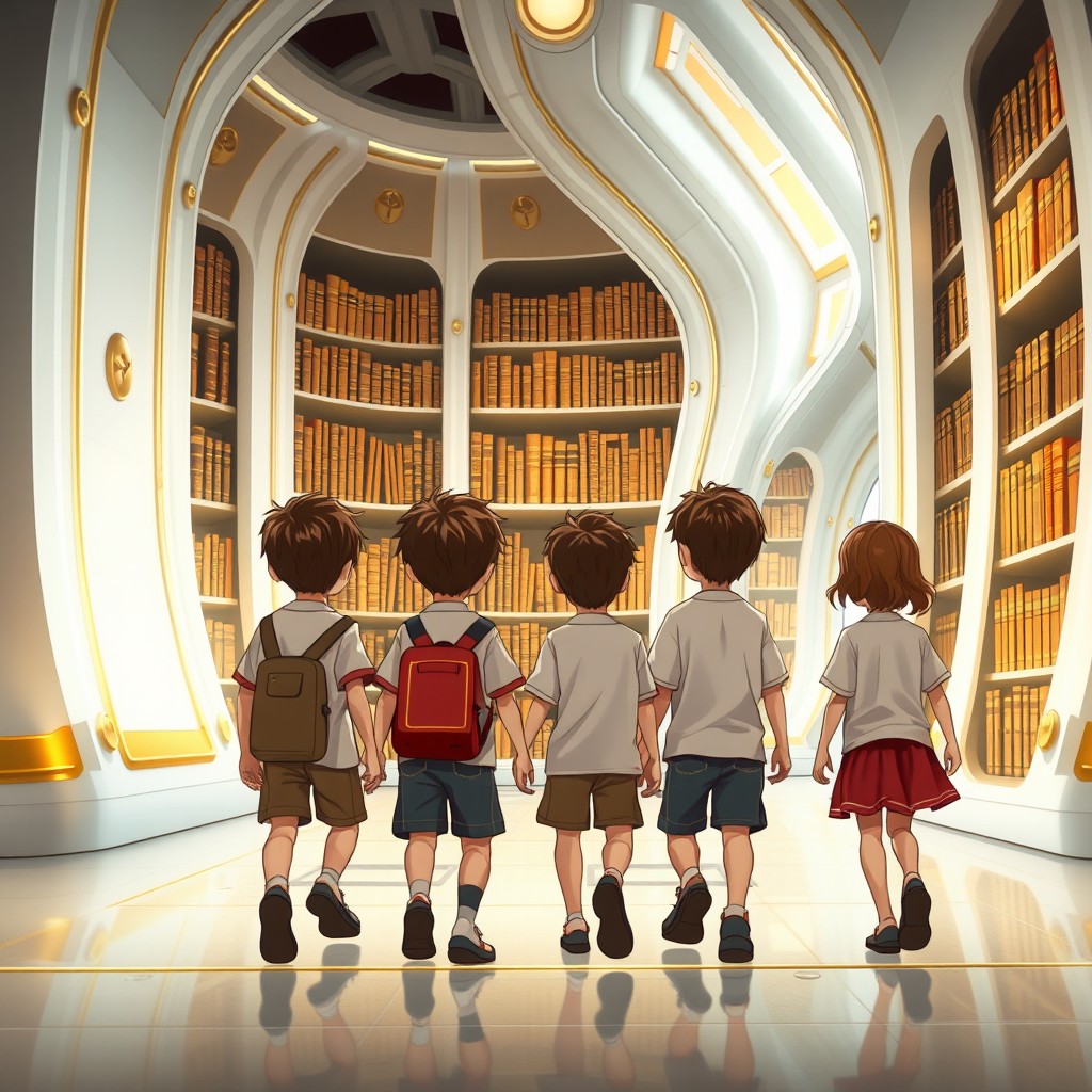 Eight children entering a futuristic library with a design featuring white and gold lines