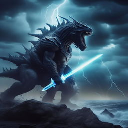 An ultra-realistic scene of a 19-year-old boy, in battle armor, battling Godzilla on a mountain by the sea, during a storm. He wields a thunder-infused sword with blue clouds, rainfall, and lightning illuminating the sky, radiating a startling blue effect.