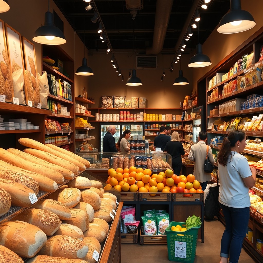 Inside a cozy and inviting grocery store featuring a warm display of freshly baked bread, including loaves of sourdough, whole grain, and baguettes
