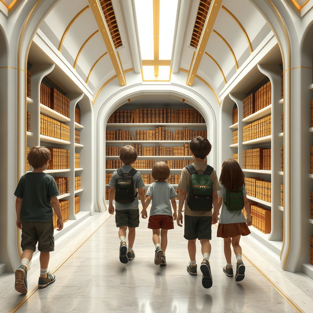 Eight children entering a futuristic library designed with white and gold lines