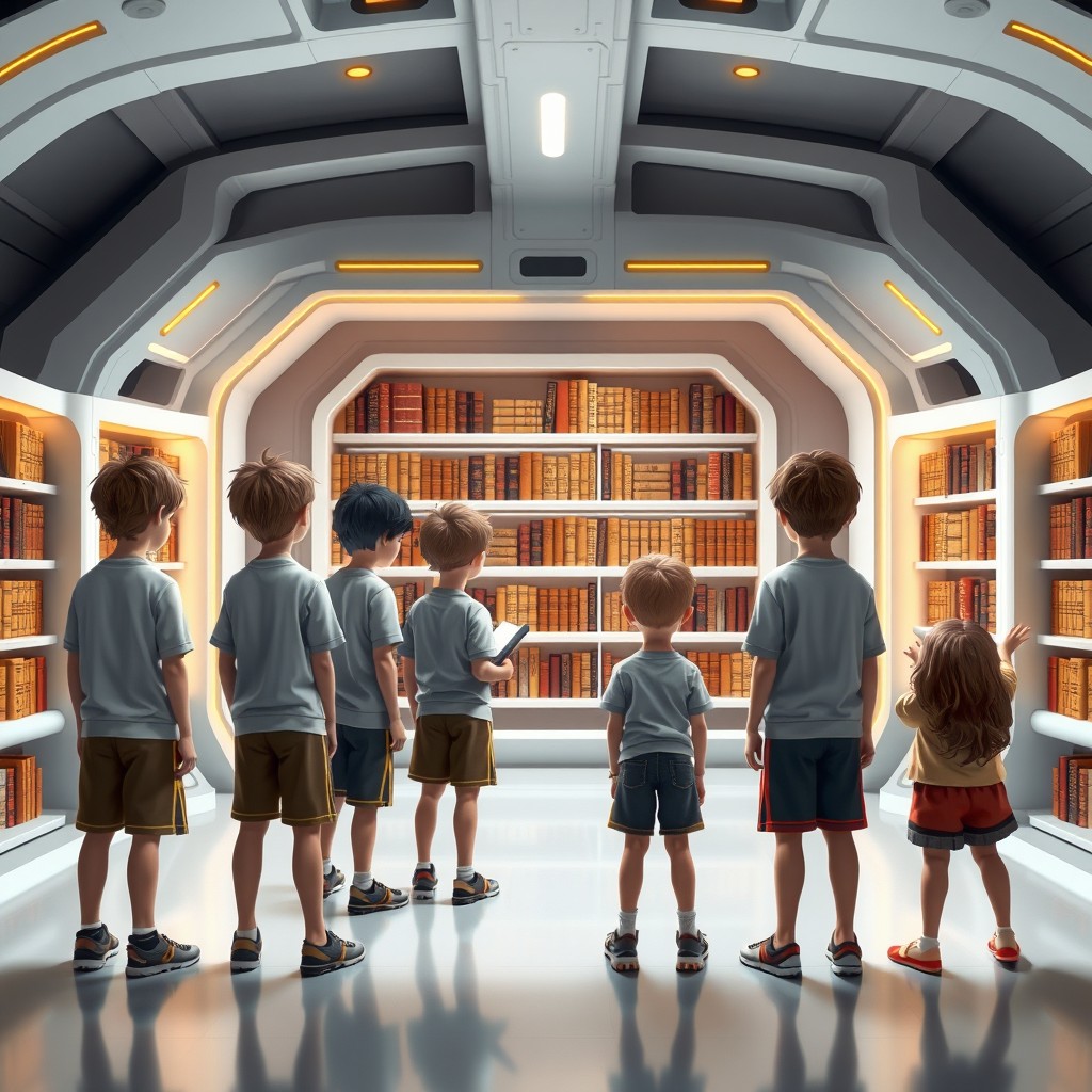 Eight children standing in a futuristic library with a design featuring white and gold lines, all looking at ancient books