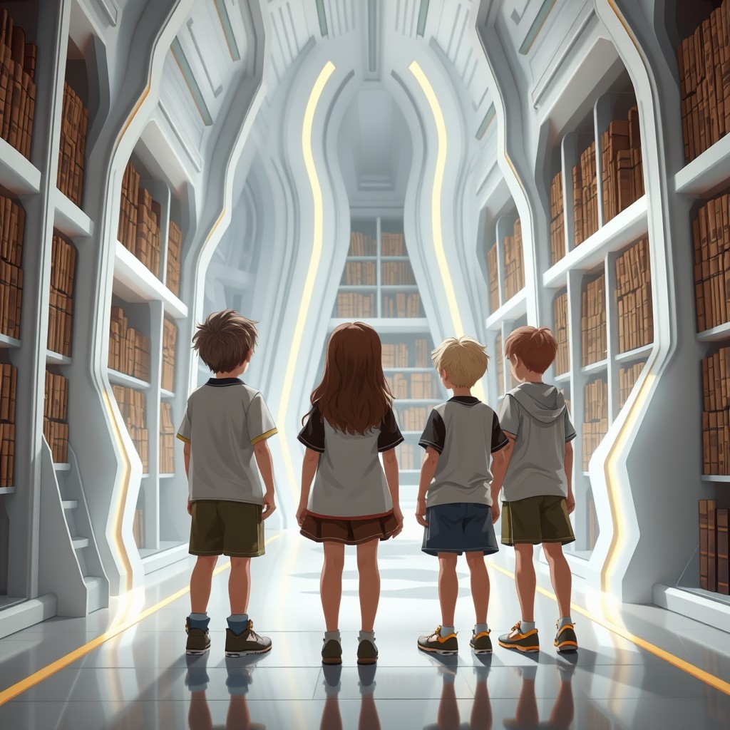Eight children standing in a futuristic library designed with white and gold lines, looking at ancient books