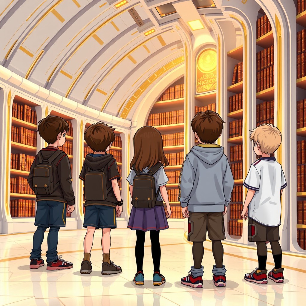 Eight children standing in a futuristic library featuring a design with white and gold lines, gazing at ancient books