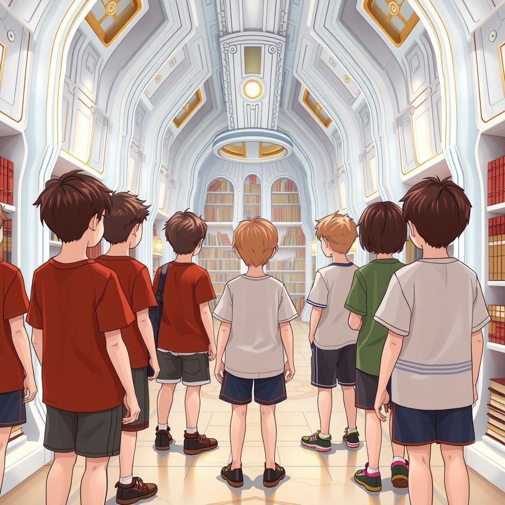 Eight children standing in a futuristic library designed with white and gold lines, gazing at ancient books