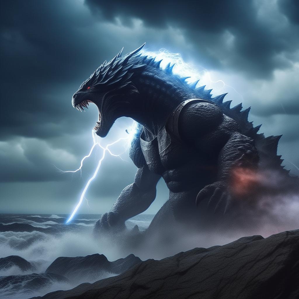 An ultra-realistic scene of a 19-year-old boy, in battle armor, battling Godzilla on a mountain by the sea, during a storm. He wields a thunder-infused sword with blue clouds, rainfall, and lightning illuminating the sky, radiating a startling blue effect.