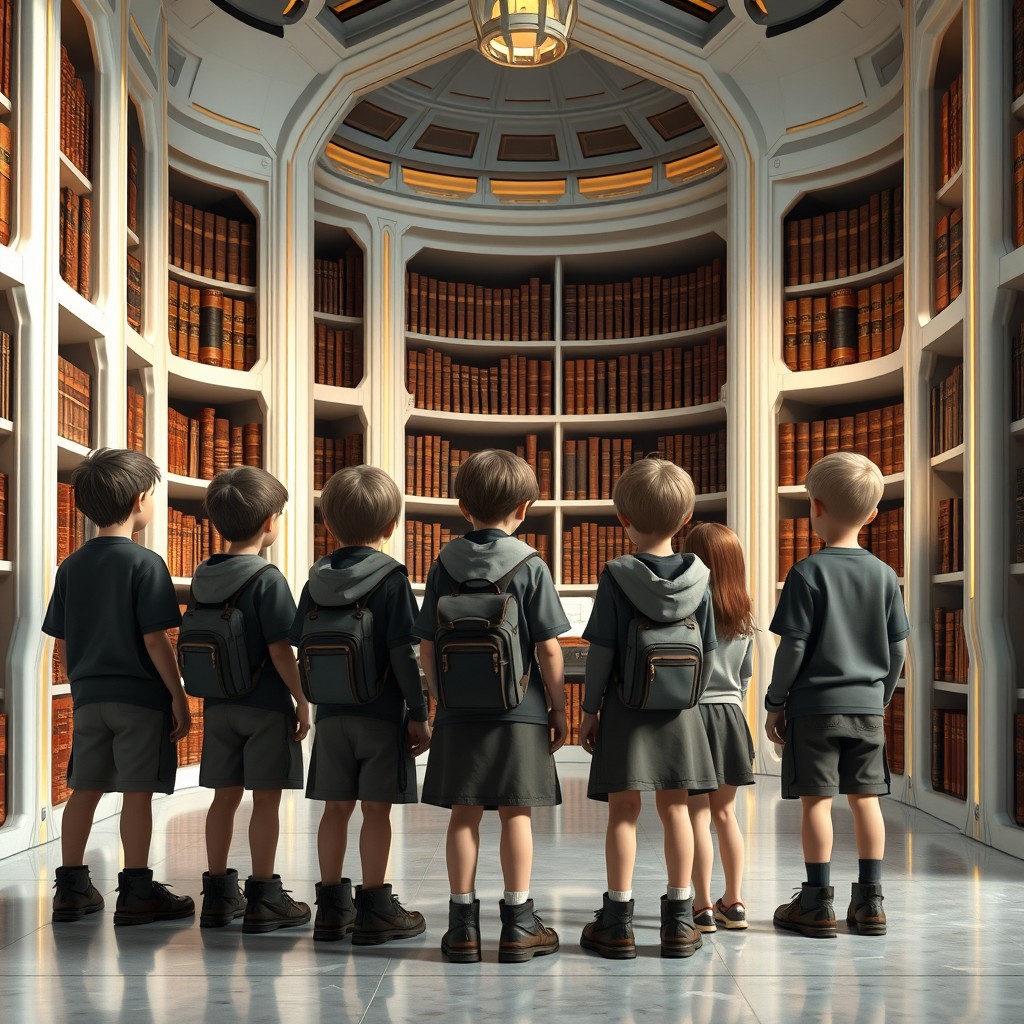 Eight children standing in a realistic futuristic library with a design featuring white and gold lines, intently looking at ancient books