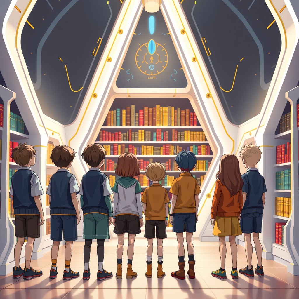 Eight children standing in a stylized futuristic library designed with white and gold lines, gazing at ancient books