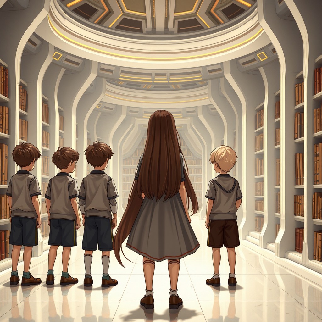 Eight children standing in a futuristic library designed with white and gold lines, gazing at ancient books