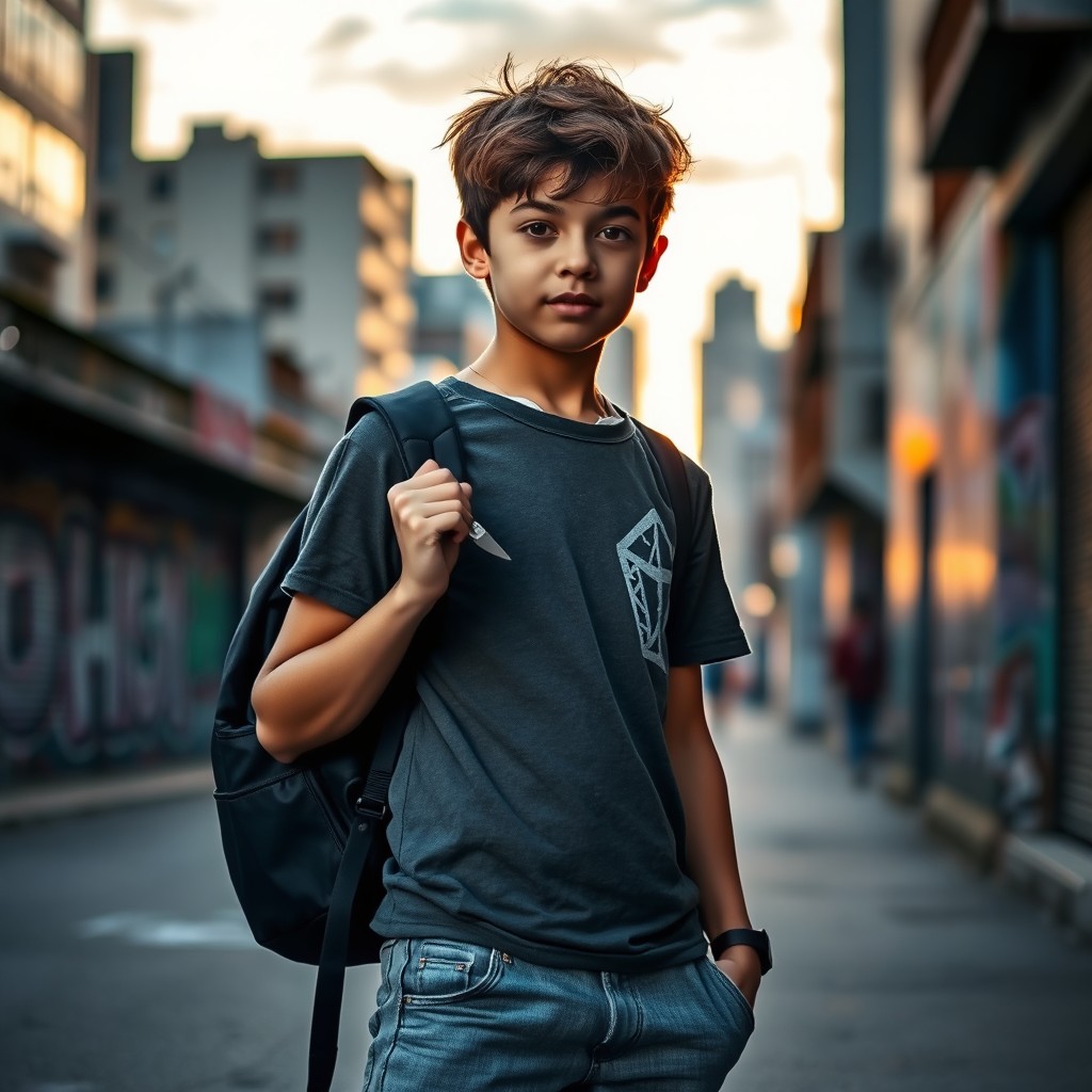 A young person standing confidently in an urban environment, wearing casual streetwear
