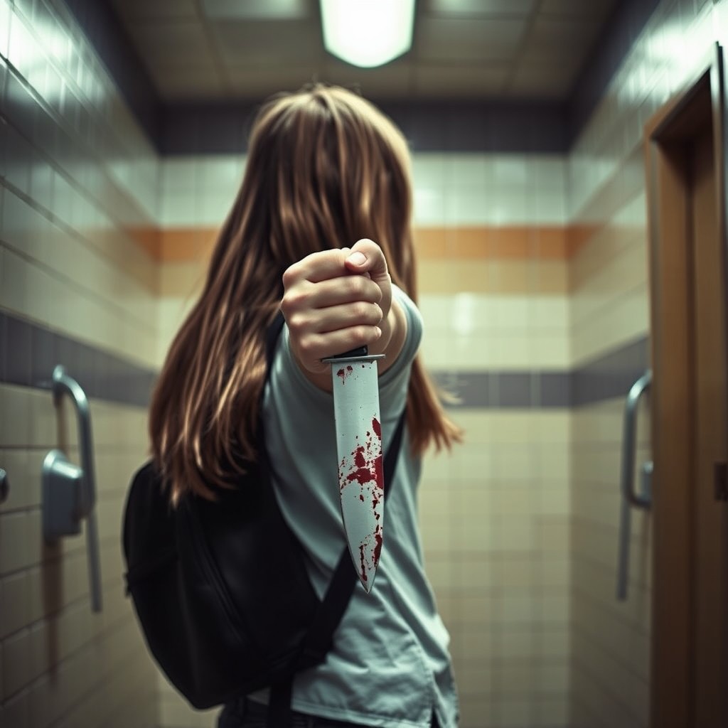 A young girl seen from behind, positioned in front of a school bathroom