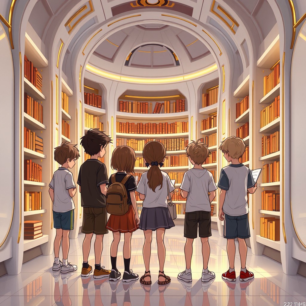 Eight children standing in a balanced futuristic library designed with soft white and gold lines, attentively browsing through ancient books