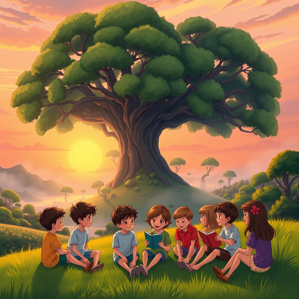 A serene landscape depicting a tranquil sunset over a floating island adorned with lush greenery and ancient trees