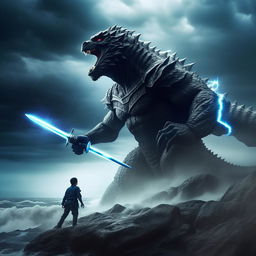 An ultra-realistic scene of a 19-year-old boy, in battle armor, battling Godzilla on a mountain by the sea, during a storm. He wields a thunder-infused sword with blue clouds, rainfall, and lightning illuminating the sky, radiating a startling blue effect.