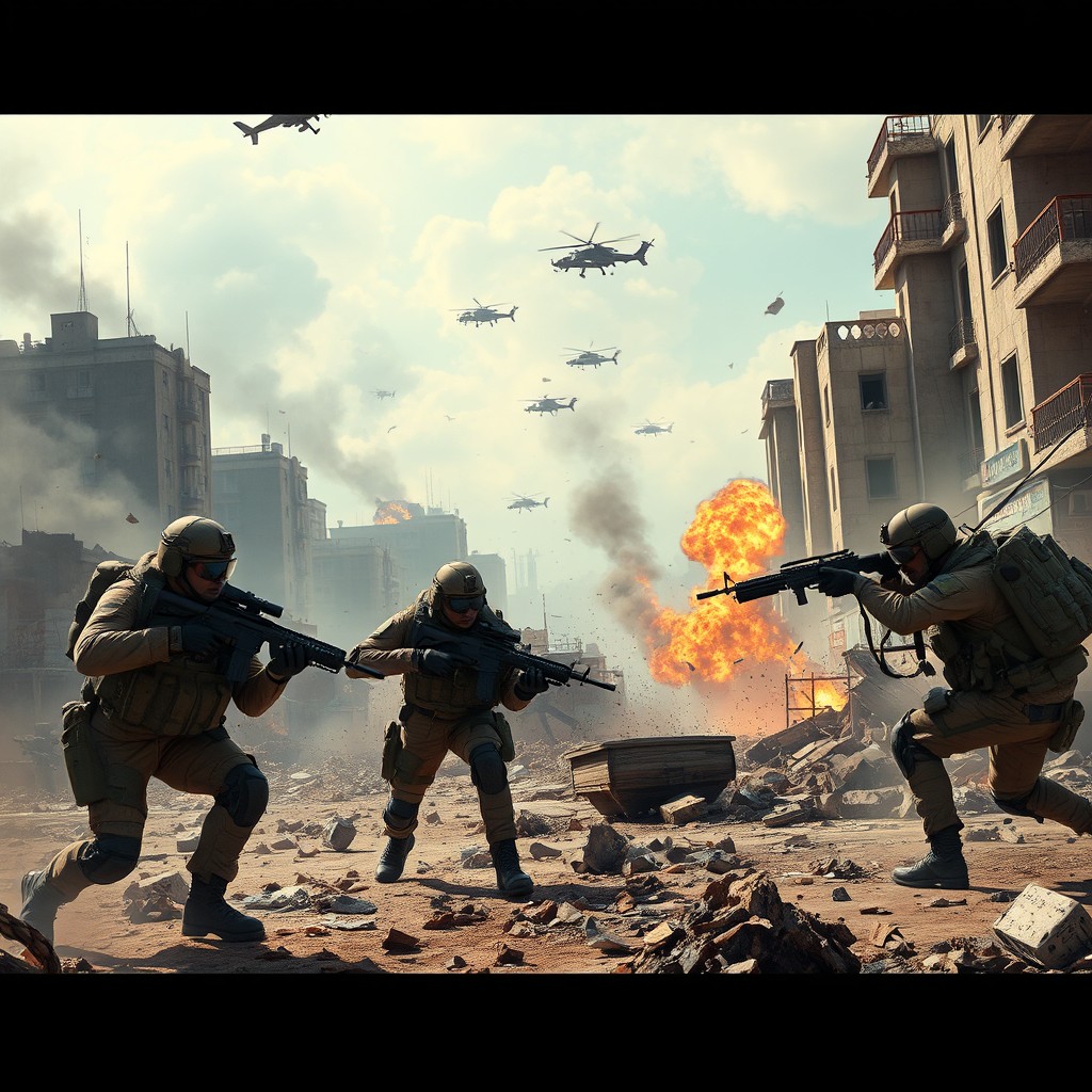 A fierce battle scene set in a warzone, featuring military soldiers in tactical gear engaged in combat