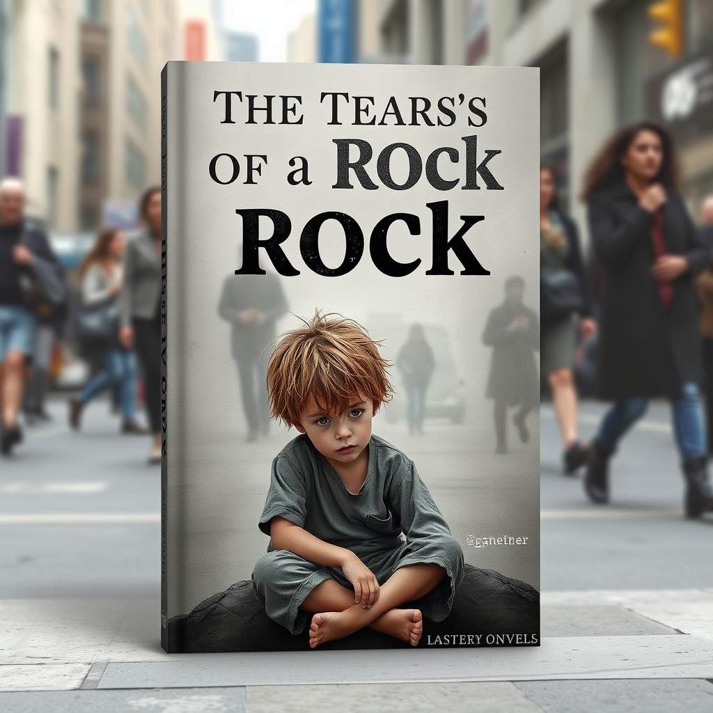 A poignant book cover for a novel titled 'The Tears of a Rock', illustrating a young boy sitting alone on a city street, surrounded by a bustling crowd that appears indifferent to his presence, capturing a moment of solitude and neglect