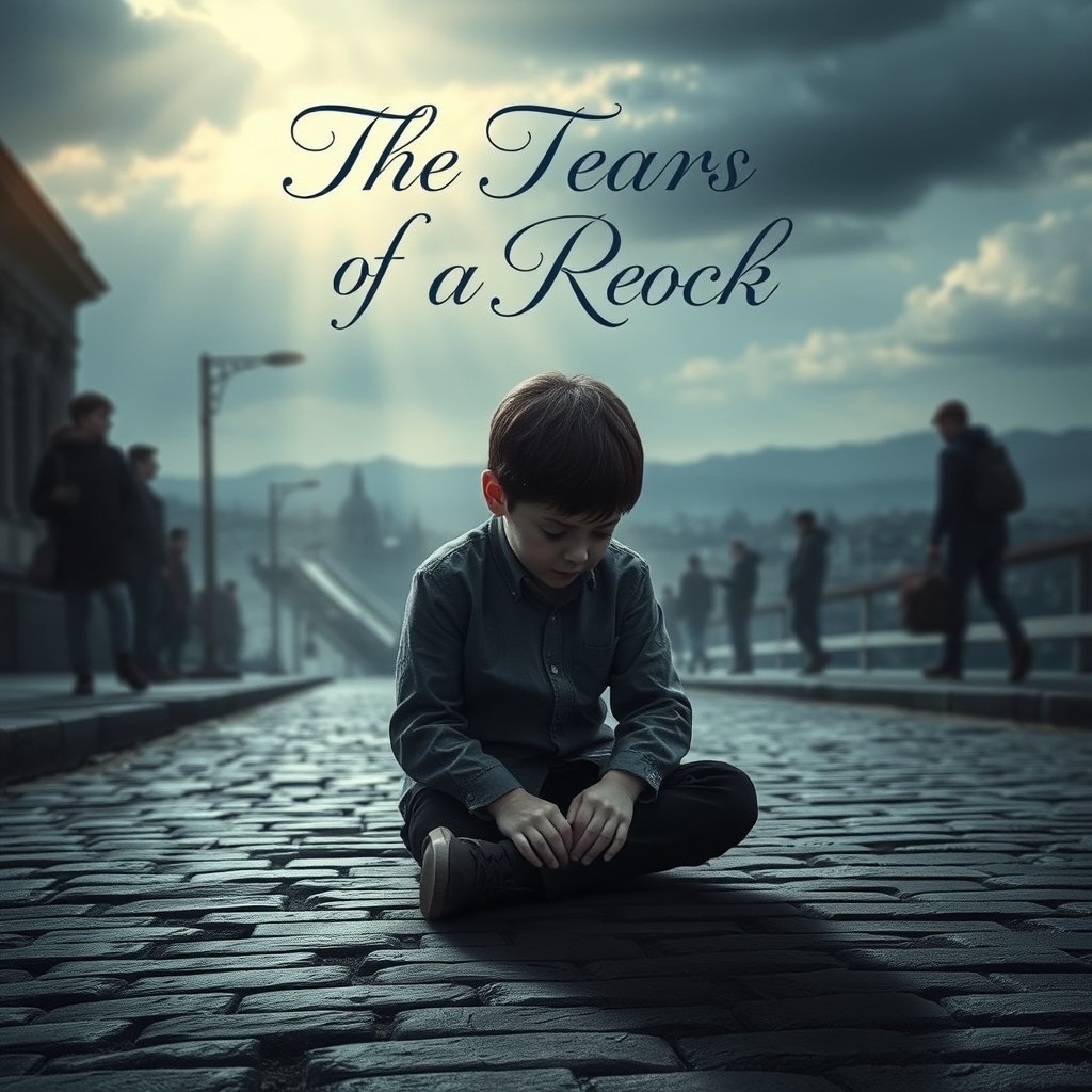 A poignant book cover design for a novel titled "The Tears of a Rock," depicting the rich emotional landscape of a young boy experiencing isolation and humiliation in society