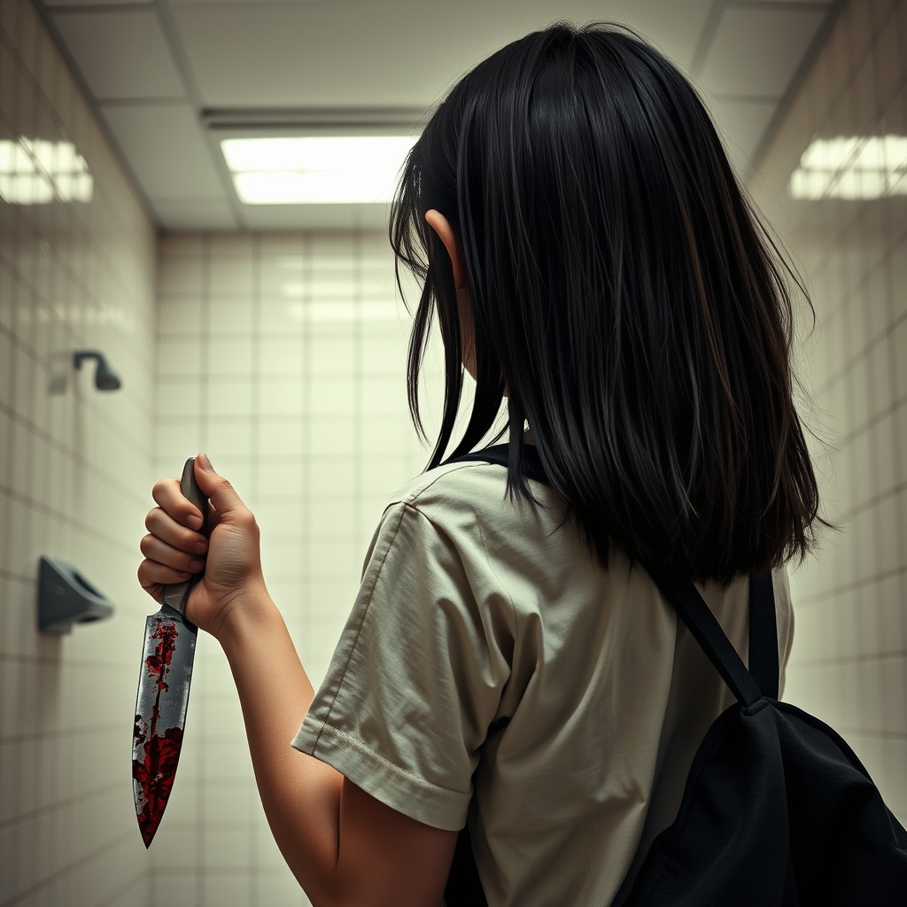 A young girl with black hair seen from behind, standing in front of a school bathroom