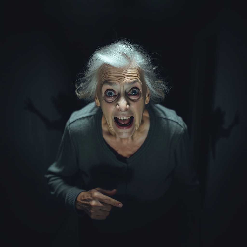 A terrified elderly woman turning around in a dark basement, her face displaying pure shock and fear, surrounded by dim shadows and faint light casting eerie shapes on the walls, emphasizing her expression