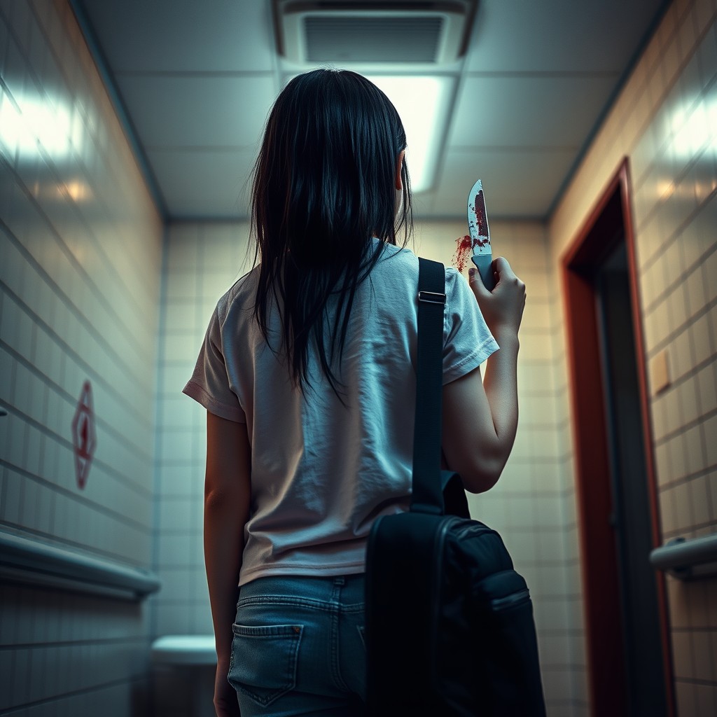 A young girl with black hair seen from behind, standing in front of a school bathroom
