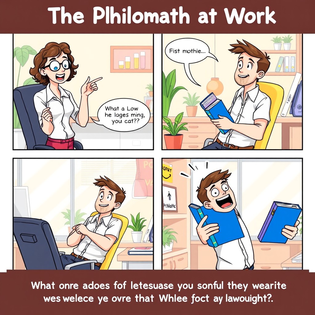 A four-panel comic strip titled 'The Philomath at Work', illustrating a humorous exchange between two characters in a bright, modern office setting