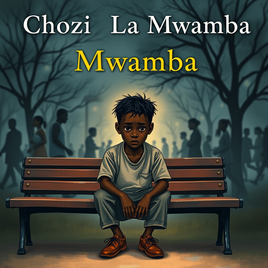 A compelling book cover for a novel titled 'Chozi La Mwamba', illustrating a young Black boy sitting on a deserted park bench, his face reflecting a mixture of despair and strength