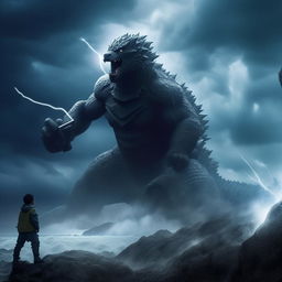 Ultra-realistic scene of a 19-year-old boy in battle armor, confronting Godzilla on a mountain near the sea. The boy wields a thunder-infused sword during a storm, with blue clouds, heavy rain, and flashes of lightning emphasizing a dramatic blue effect.