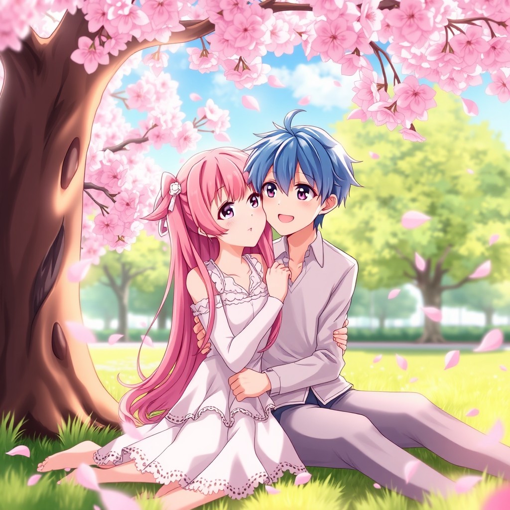 A romantic scene featuring two anime lovers, sitting closely together under a cherry blossom tree, with pink petals gently falling around them