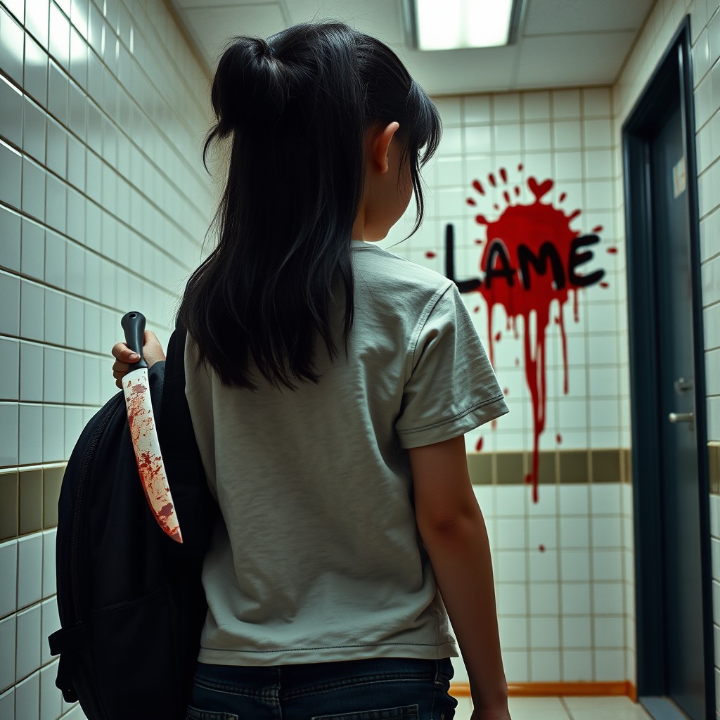 A young girl with black hair seen from behind, standing in front of a school bathroom