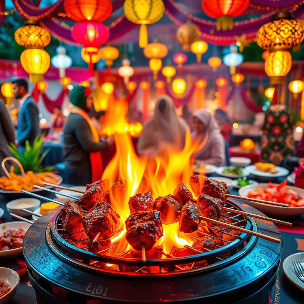 A vibrant and festive barbecue scene celebrating Eid, featuring a beautifully arranged barbecue grill with succulent lamb skewers sizzling over the flames