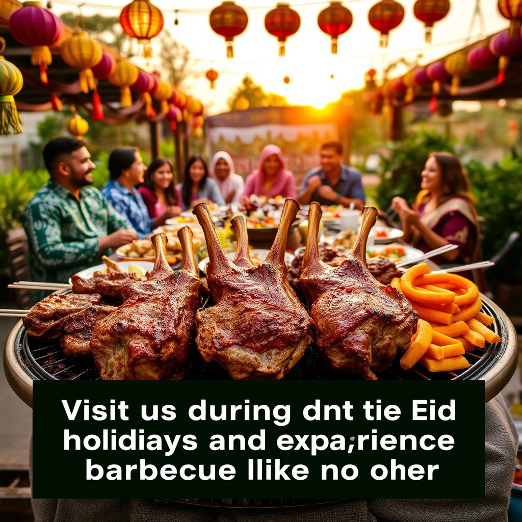 A vibrant and inviting outdoor barbecue scene celebrating Eid, featuring a beautifully arranged spread of grilled lamb