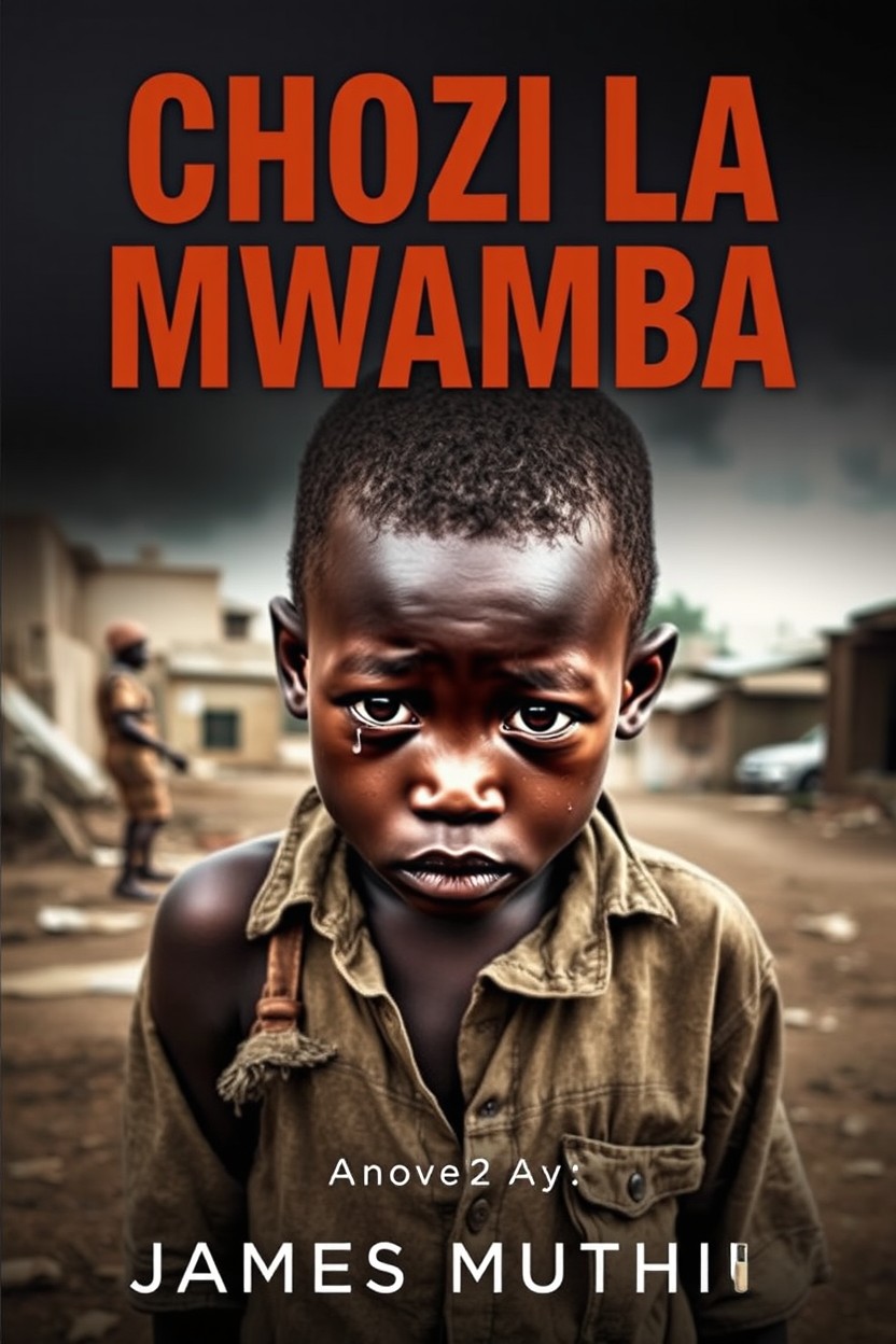 A poignant cover for a novel titled 'Chozi La Mwamba', featuring a young African boy with deep, expressive eyes shedding tears of sorrow