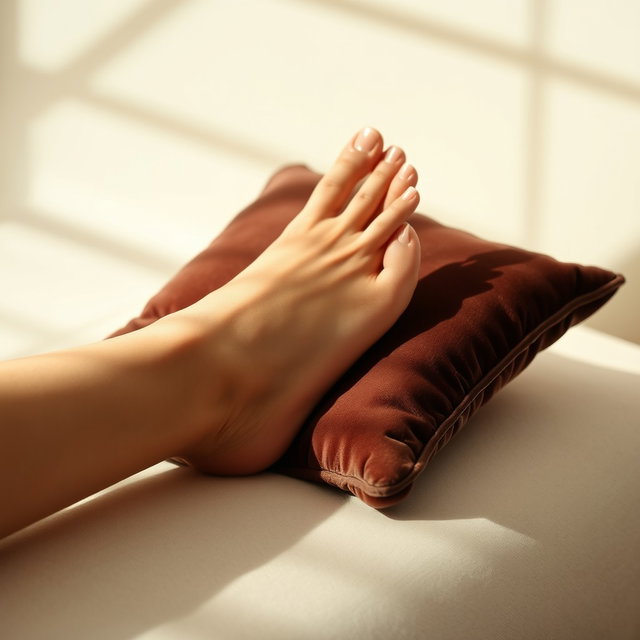 A delicate female foot, with well-groomed nails, gently resting on a luxurious velvet cushion