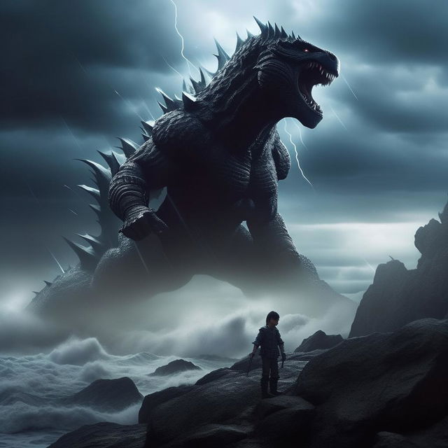 Ultra-realistic scene of a 19-year-old boy in battle armor, confronting Godzilla on a mountain near the sea. The boy wields a thunder-infused sword during a storm, with blue clouds, heavy rain, and flashes of lightning emphasizing a dramatic blue effect.