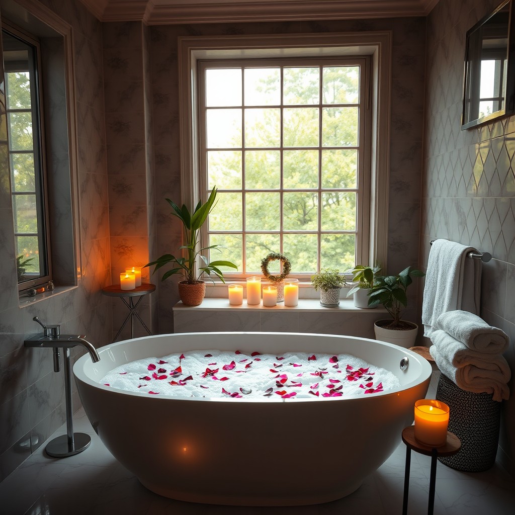 A tranquil and luxurious bathroom scene, featuring a large freestanding soaking tub filled with bubbles and petals, surrounded by candles providing a warm glow