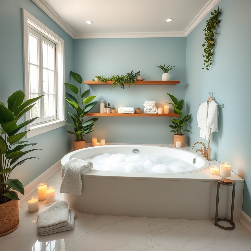 A serene and luxurious bathroom space, featuring a deep soaking tub filled with bubbles, surrounded by candles and soft towels