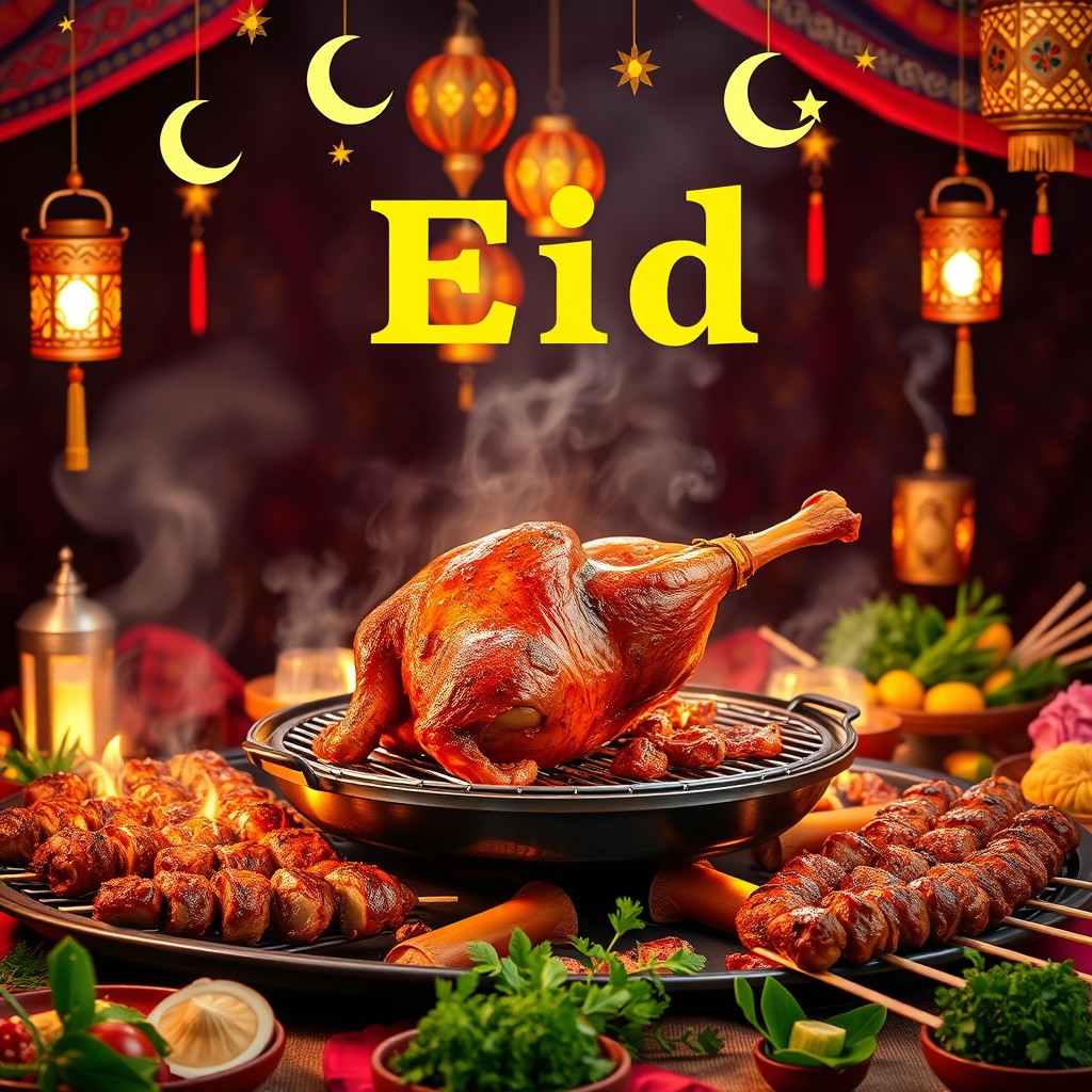 A vibrant Eid-themed barbecue gathering featuring a delicious central focus on either a full roasted lamb or beautifully arranged lamb skewers sizzling on a grill